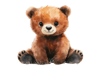 A cute cartoon baby bear with soft fur and a friendly smile, sitting on a transparent background. Concept of nature, wildlife, and cuteness.