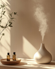 Aromatherapy Diffuser and Essential Oils on Minimal Beige Background