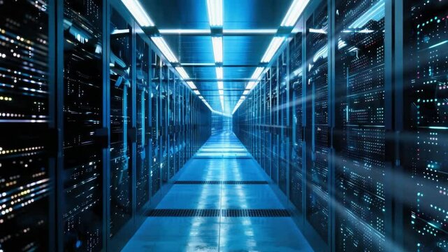 This setting showcases rows of servers in a modern data center, highlighting cutting-edge technology and efficient energy use. The illuminated path gives a glimpse into data processing