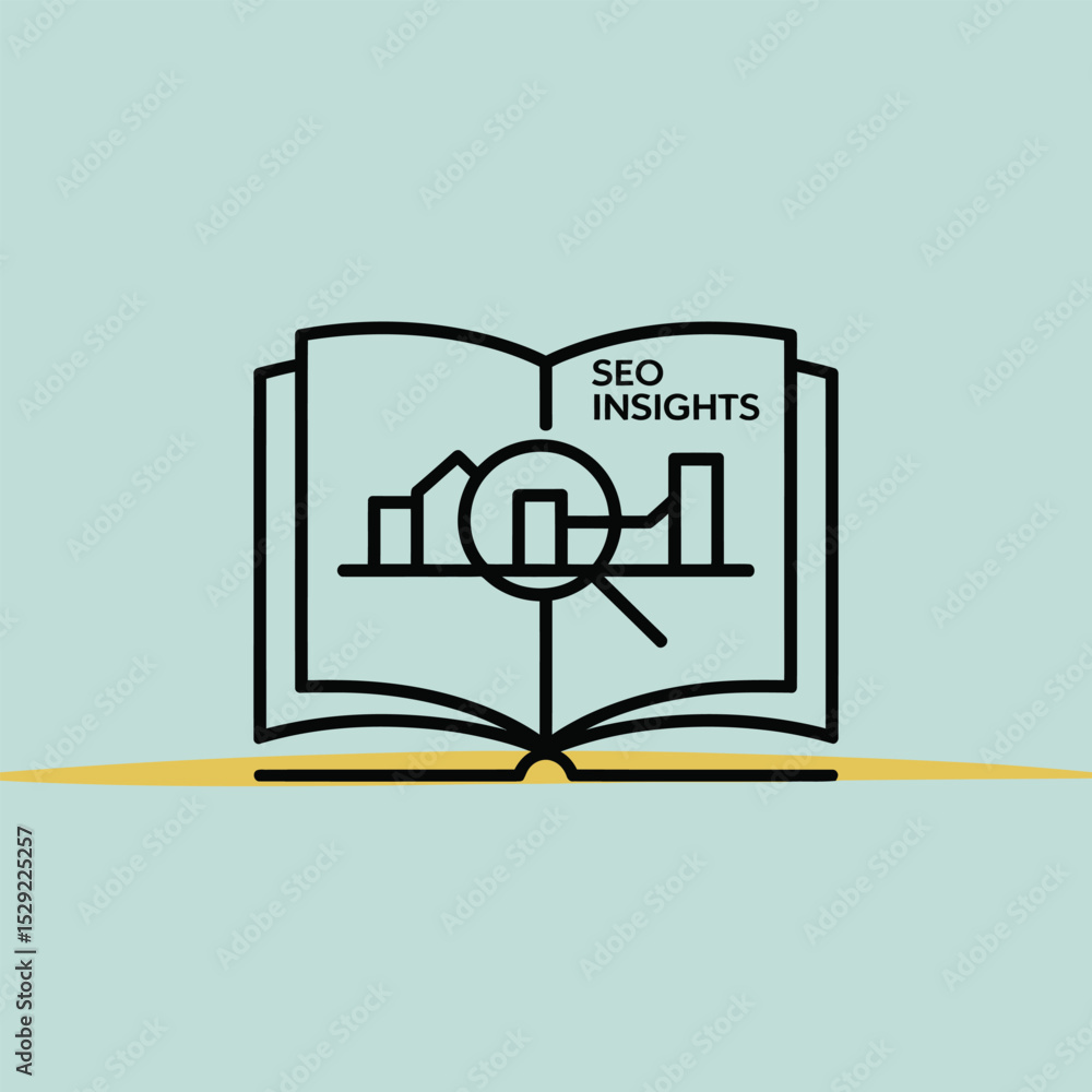 Poster open book showing seo insights with magnifying glass on bar graph