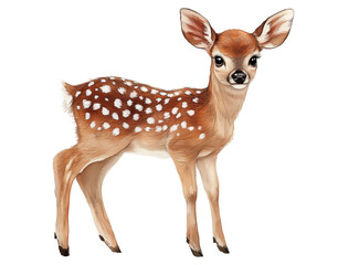 Fototapeta premium A cute cartoon fawn with spots on its brown coat, standing on a transparent background. Concept of nature, forest animals, and innocence.