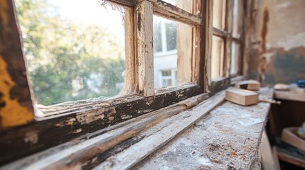 A window with a wooden frame and a brick ledge