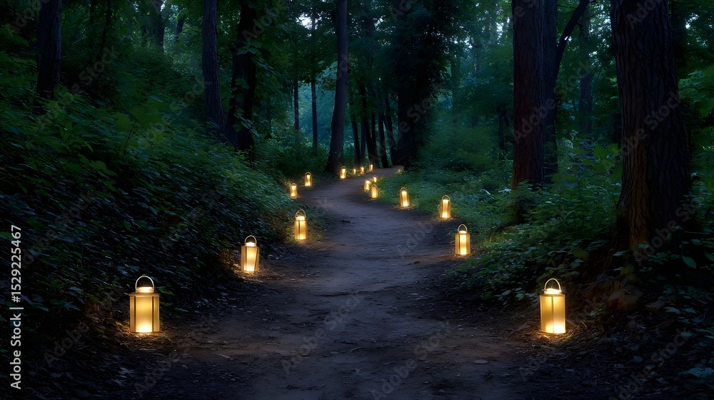 Poster a serene and captivating forest path illuminated by a trail of glowing lanterns, creating a magical 