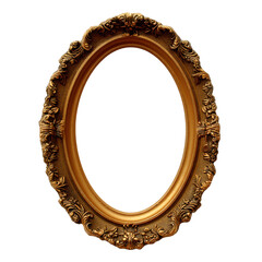 Ornate oval gold picture frame with intricate baroque carving on transparent background. Decorative element for vintage design concepts.