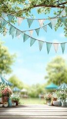 Festive Spring Garden Party Background, Adorned With Bunting Flags And Lush Green Foliage