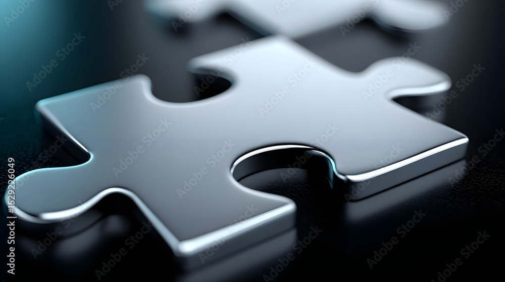 Poster a shiny, chrome-like puzzle piece symbolizing the of different elements to achieve a successful busi