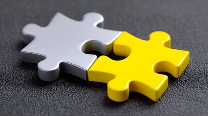 Fototapeta premium Two puzzle pieces, one gray and one yellow, coming together to form a cohesive solution, symbolizing the power of teamwork and in a business context.