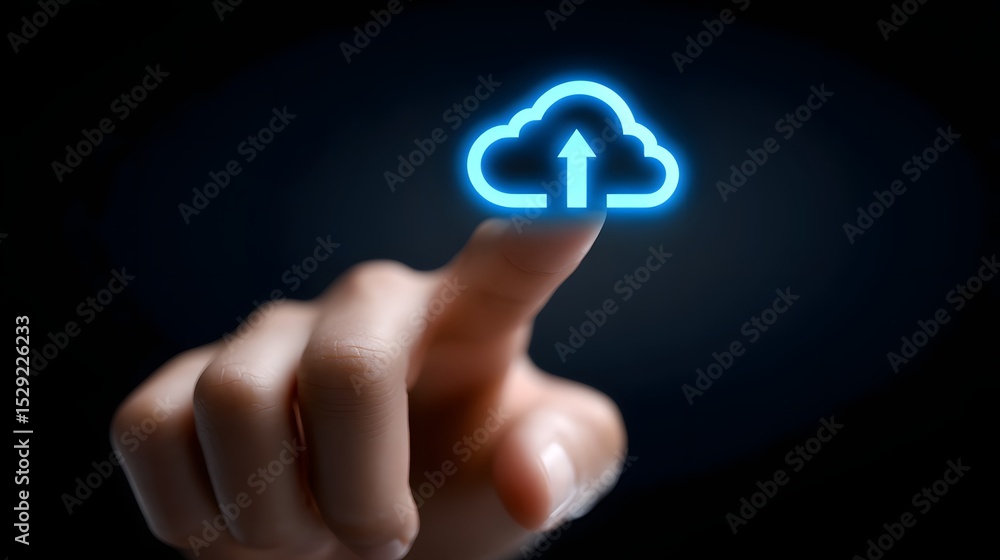 Poster a hand with a finger pressing a glowing blue neon cloud upload icon, symbolizing data transfer and c