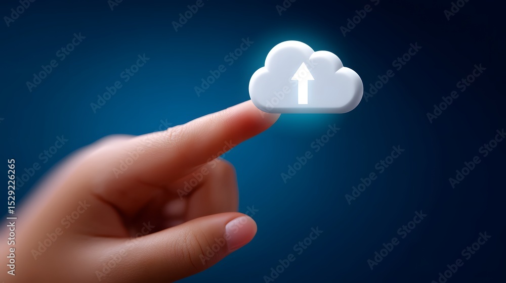 Poster a person's finger pressing a digital icon representing cloud file upload and data transfer technolog
