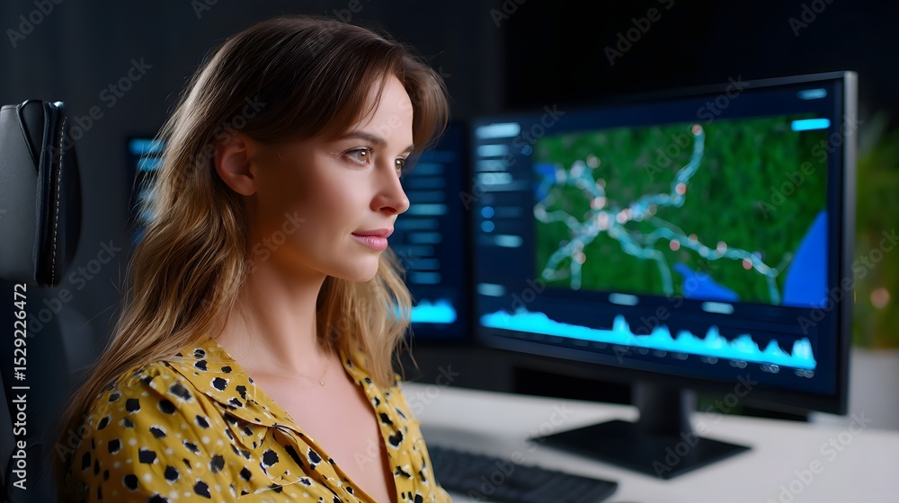 Poster a focused businesswoman tracking real-time data and activity of a fleet of vehicles on a large digit