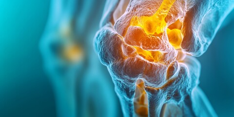 Detailed Illustration of an Inflamed Knee Joint Anatomy with Highlighted Bones and Tissues in Color