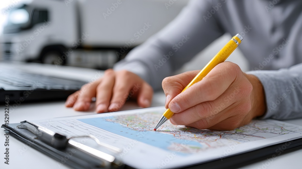 Poster logistics professional analyzing maps and data to plan efficient global distribution and transportat