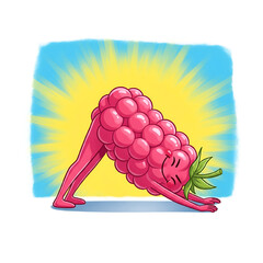 Joyful Raspberry Yoga Downward Dog Playful Illustration for International Yoga Day.