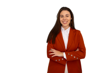 Successful professional woman standing confidently, arms crossed, wearing sleek business attire, radiating corporate leadership