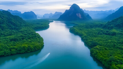 aerial view mangrove forest and mountain peak of Phang nga bay, Thailand