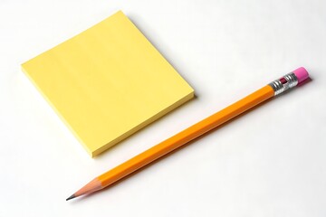 Yellow sticky note and pencil isolated on white background