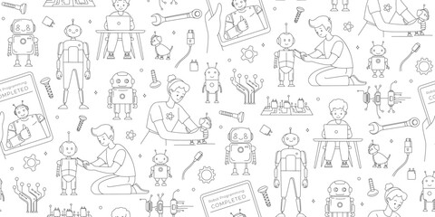 STEM Education Seamless Pattern Kids and Robots Line Art Vector illustration. Children Programming Robots Hand Drawn STEM Background for Kids. Robotics and Coding Educational Doodle Science Pattern