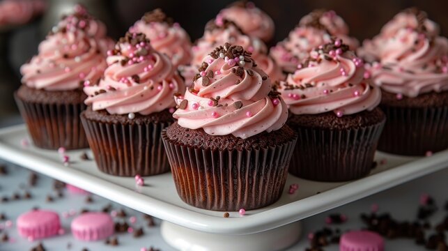 A tempting display of chocolate cupcakes topped with soft pink frosting and elegant sprinkles, ideal for dessert-related advertising and bakery promotions.