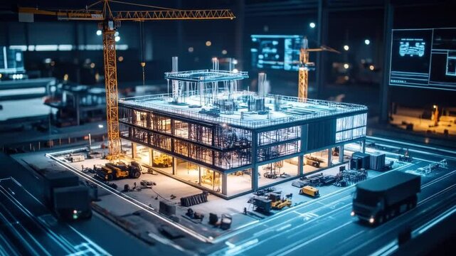Construction Site Model With Digital Overlay At Night
