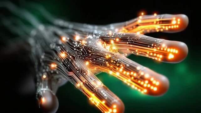 An intricate design showcases a cybernetic hand, blending organic shapes with electronic circuits. Bright lights and detailed patterns illustrate innovation in technology and human enhancement
