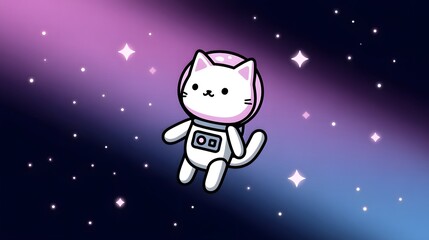A whimsical of a charming cat astronaut embarking on a cosmic adventure, drifting through a vibrant, pastel-hued galaxy filled with twinkling stars.