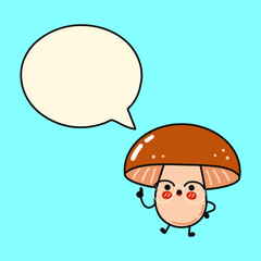 Cute mushroom cartoon character raising finger and speaking with speech bubble on blue background