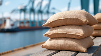 Wheat Grain Bags on Dockside with Cranes for Export
