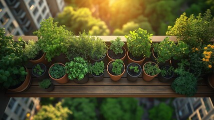Urban Oasis: A verdant array of potted herbs flourishes on a sun-drenched balcony, a testament to the beauty of urban gardening and the vitality of life amidst the cityscape.
