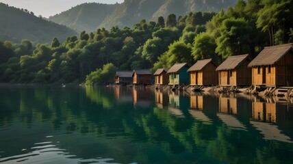 Emerald Lakeside Retreat: Serene Cabins Reflected in Calm Mountain Waters

