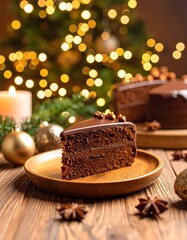 Delicious Sachertorte Slice with Festive Christmas Lights Background
