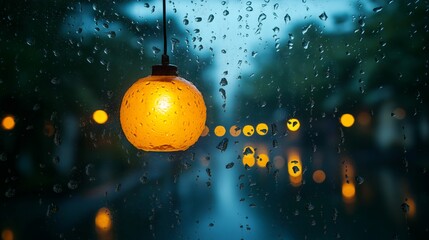 Serene Rainy Scene: A warm, inviting glowing spherical lamp casts a soft, comforting light against a rain-streaked window, inviting introspection and contemplation.