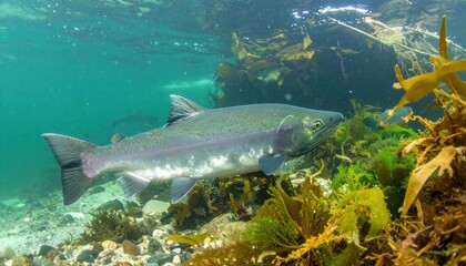 Fototapeta premium Majestic salmon swimming gracefully through underwater seaweed forest landscape