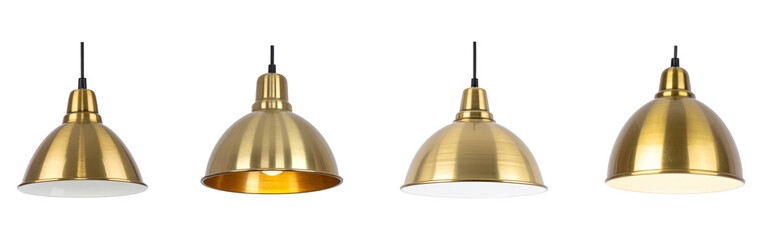 Modern golden hanging pendant lamp set . Brass metal dome ceiling light with black cable. Contemporary interior lighting fixture for home or office decoration.	