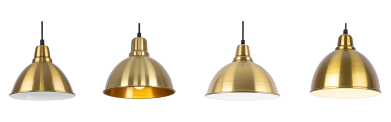 Modern golden hanging pendant lamp set . Brass metal dome ceiling light with black cable. Contemporary interior lighting fixture for home or office decoration.	