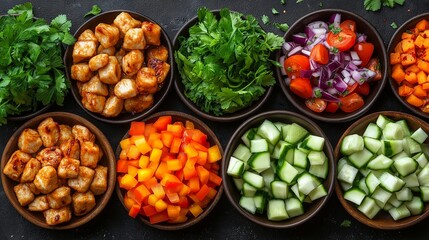 Colorful Vegetable Medley: An assortment of fresh, raw vegetables artfully arranged in individual bowls, creating a vibrant and inviting culinary display.