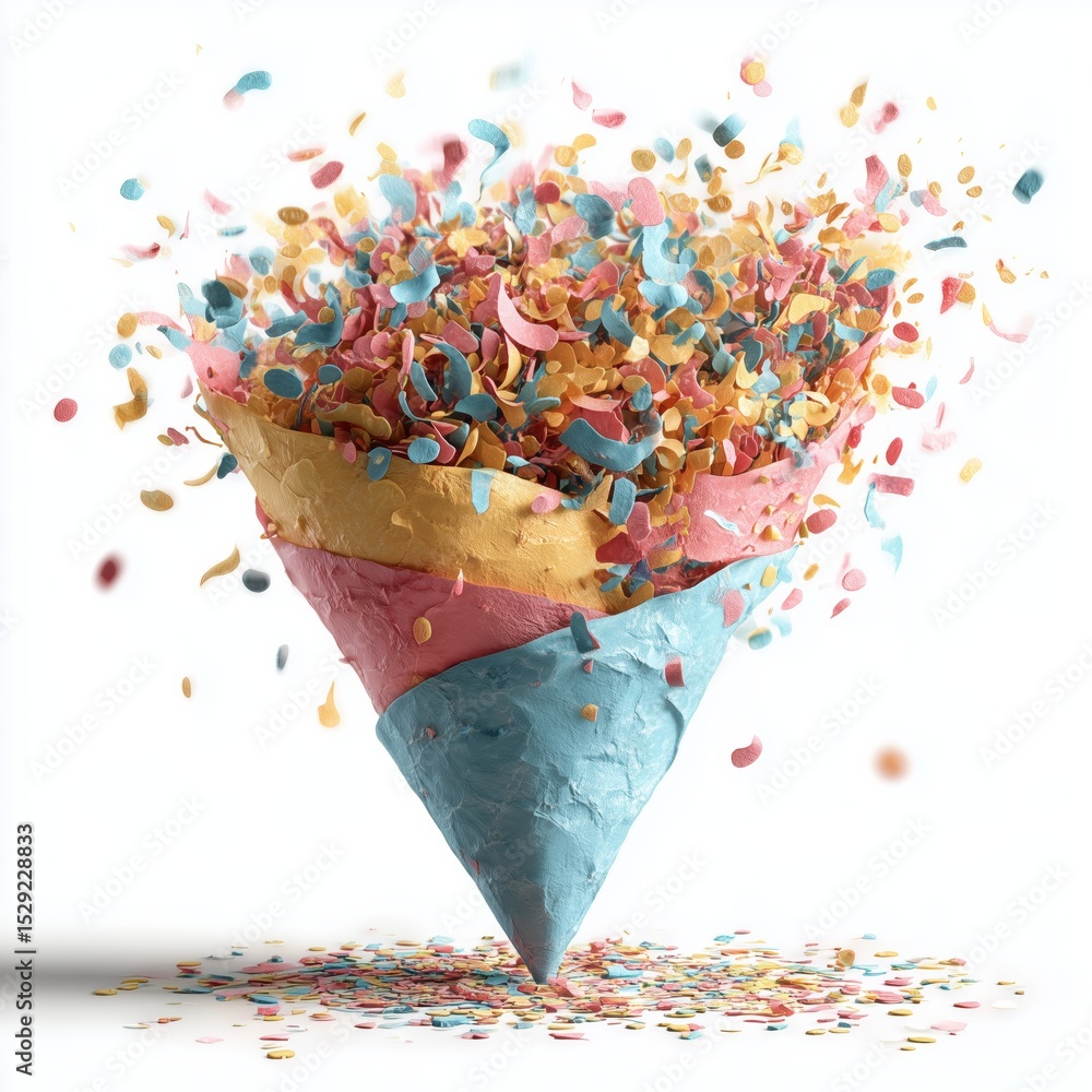 Poster colorful confetti explodes from a cone-shaped container.