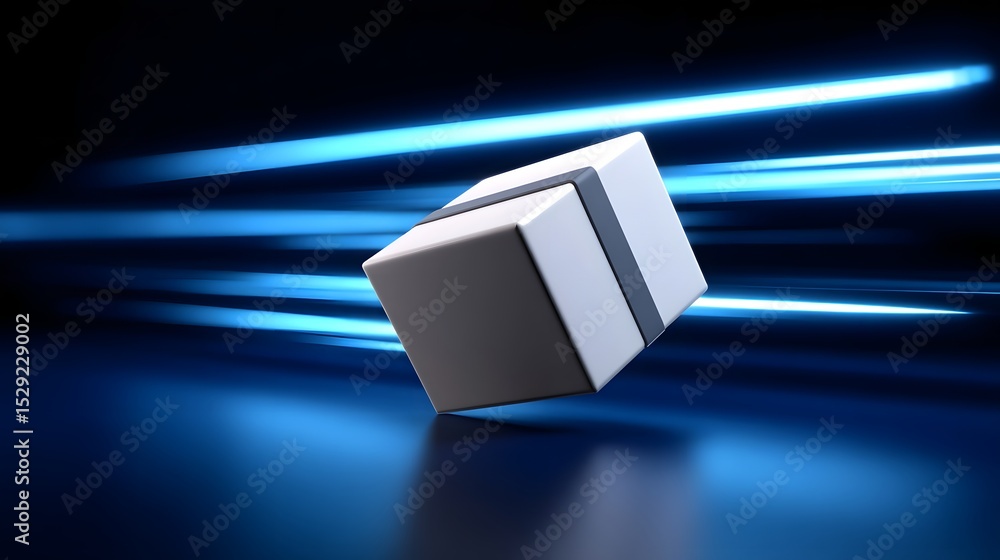 Aufkleber a white cube package floating and moving rapidly through a futuristic digital environment with glowi