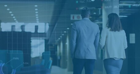 Business colleagues walking corridor, starting animated stock charts visualizing trends then fading - Powered by Adobe