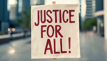 Deportation Concepts. A protest sign reading "Justice for All!" is held up in an urban setting, emphasizing equality and fairness in society.
