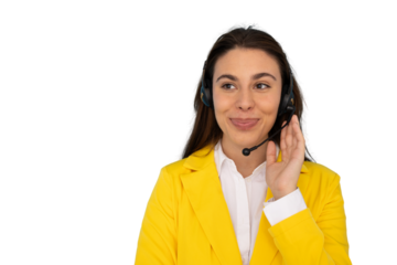 Friendly female call center agent wearing headset listening attentively, isolated on transparent background