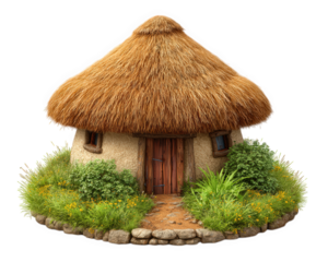 Prehistoric house with thatched roof, surrounded by lush greenery and flowers, evokes sense of ancient living. This charming structure showcases natural materials and rustic design