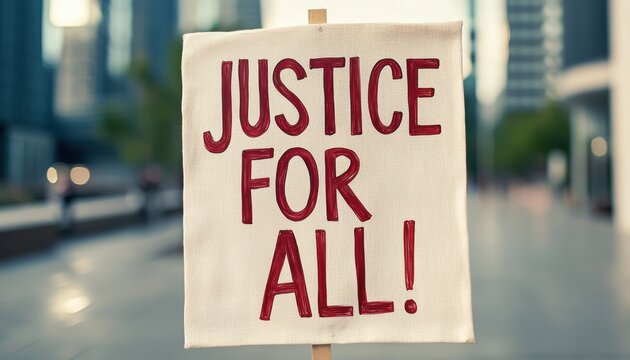 Deportation Concepts. A protest sign reading "Justice for All!" is held up in an urban setting, emphasizing equality and fairness in society.