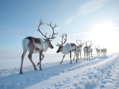 Reindeer Rangifer tarandus phylum Chordata class Mammalia order Artiodactyla family Cervidae migrating across snowy tundra their hoof track forming intricate patterns under polar light