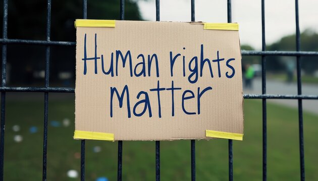 Deportation Concepts. A cardboard sign with "Human rights matter" written on it is taped to a metal fence outdoors.