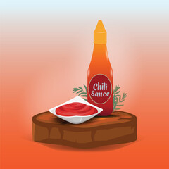 Chili sauce in bottle and small bowl illustration