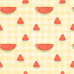 Seamless pattern with summer picnic and Watermelon on pastel Yellow