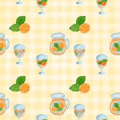 Seamless pattern with summer picnic and Orange Juice on pastel Yellow