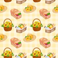 Seamless pattern with summer picnic and Picnic Basket on pastel Yellow