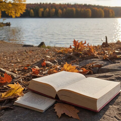  Open book or Bible near a calm autumn lake with trees, sky, and water reflections &mdash; symbolizing peace, nature, study, and reflection.