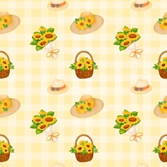 Seamless pattern with summer picnic and Straw Hat on pastel Yellow